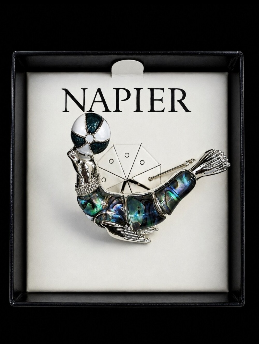NAPIER Seal With A Ball Brooch Silver Tone Rhodium Plate Faux Abalone New In Box